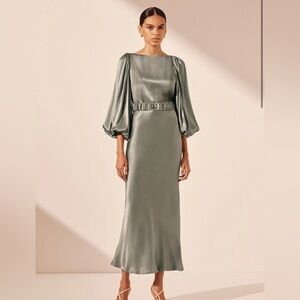 Shona Joy La Lune Balloon Sleeve Midi Dress With belt Sage size 2